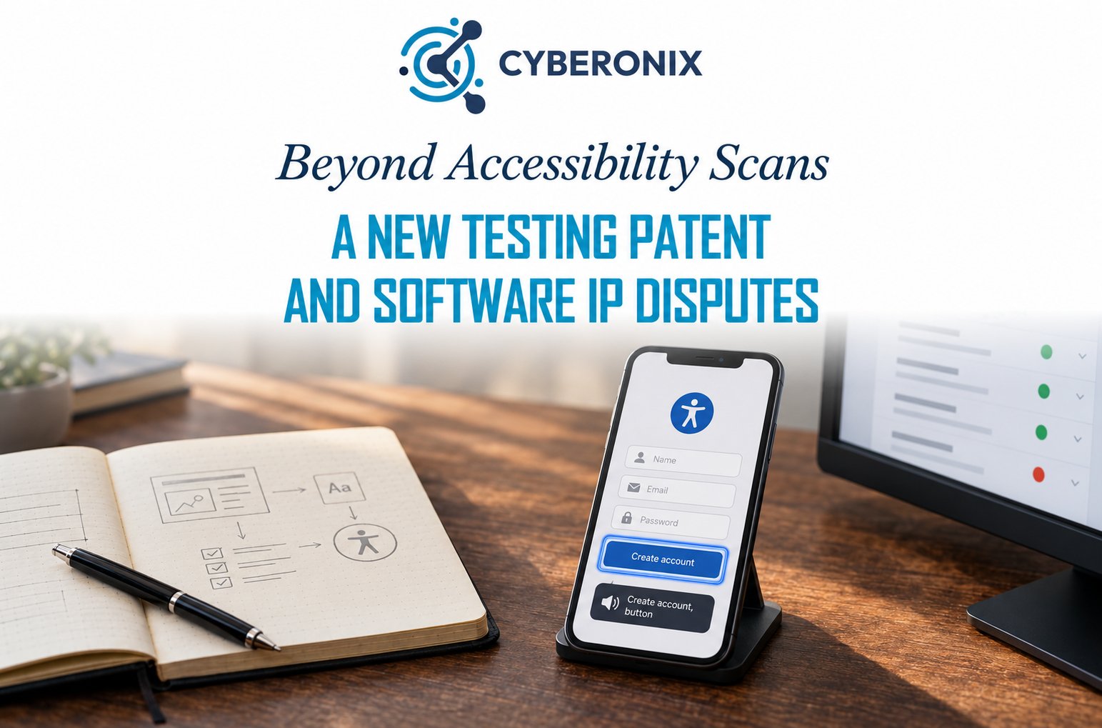 Cyberonix: Beyond Accessibility Scans — A New Testing Patent and Software IP Disputes, with a screen-reader registration form and accessibility testing notes.